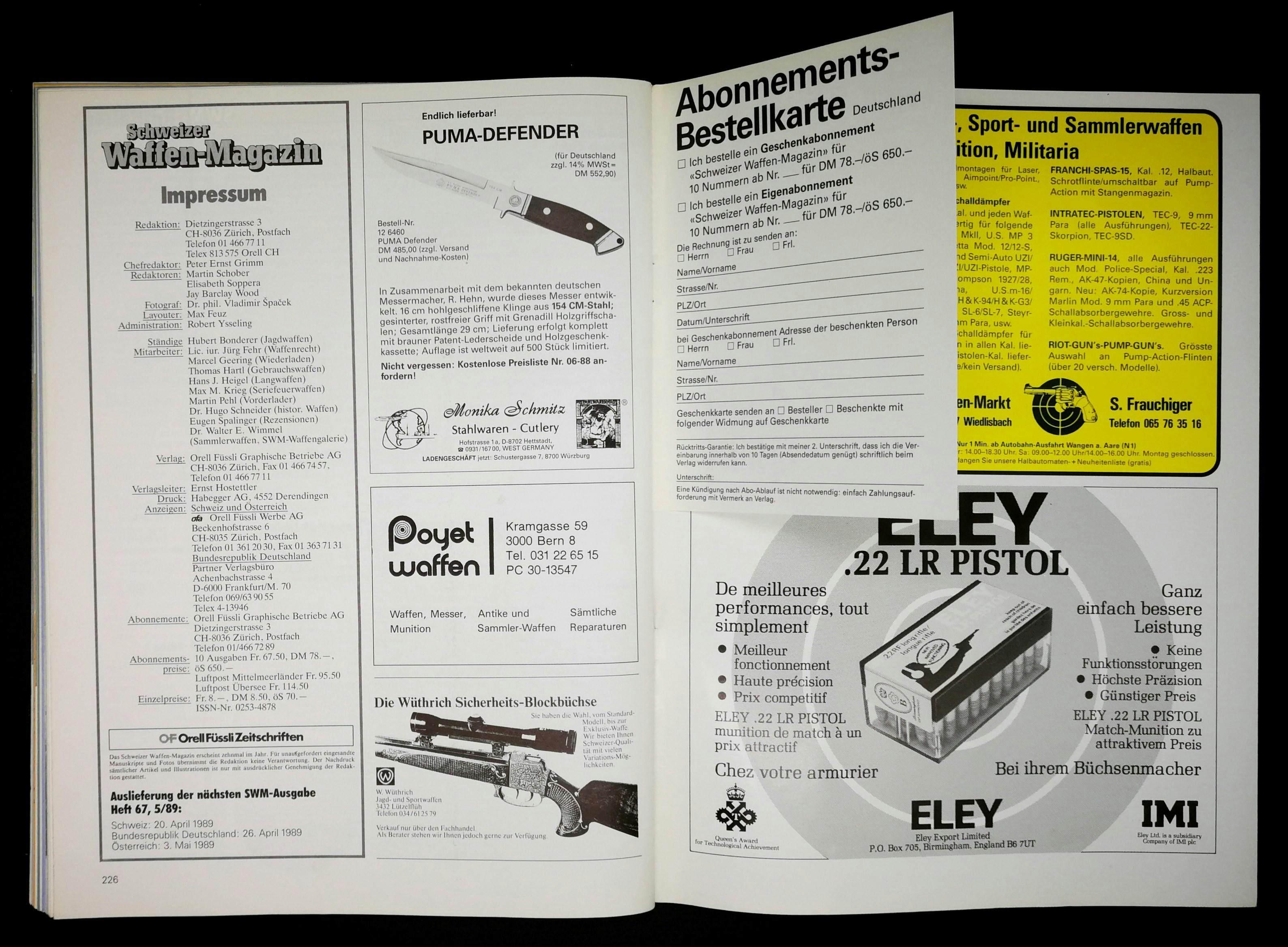 Impressum, Abobestellkarte und Werbung für AUG-Schalldämpfer, TEC-9 Maschinenpistolen und Riot Guns...
