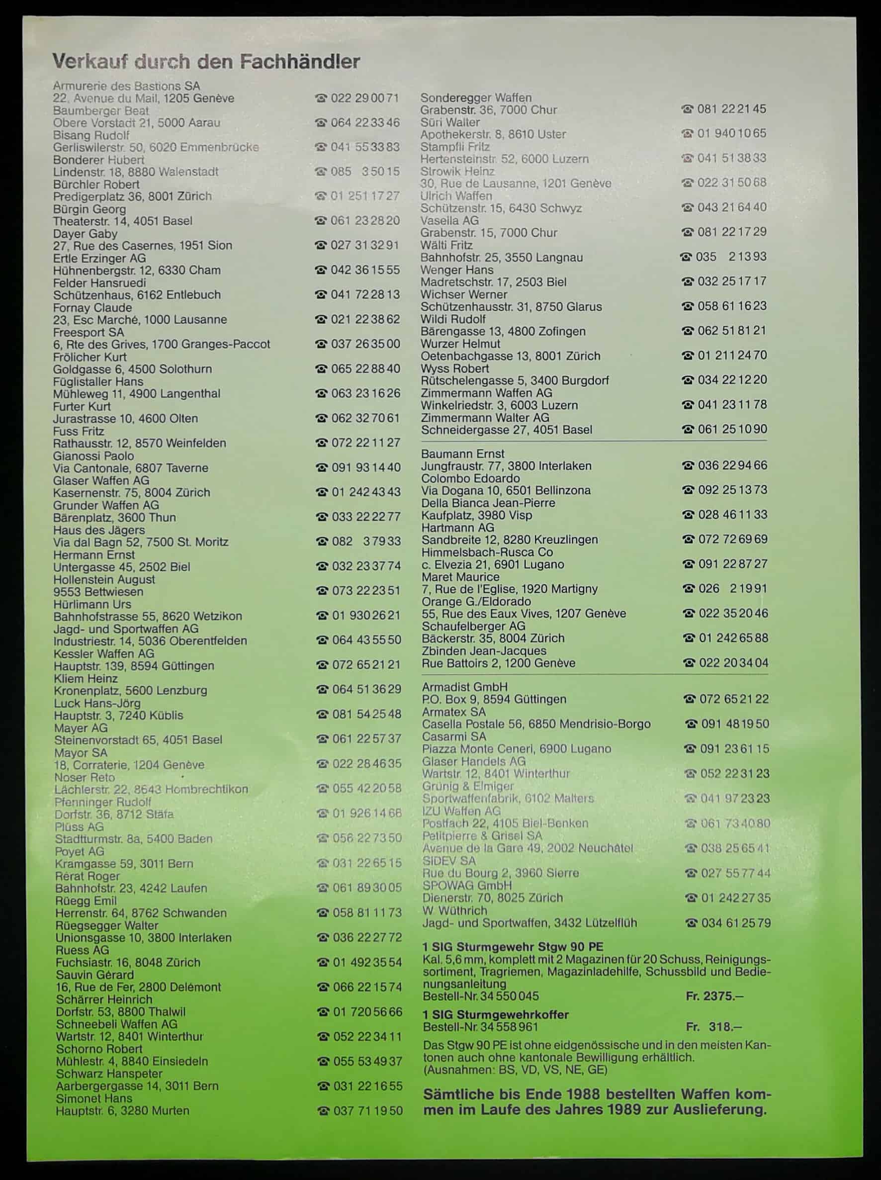 Rückseitig eine Liste der Fachhändler in der Schweiz, die das Stgw90 führen.