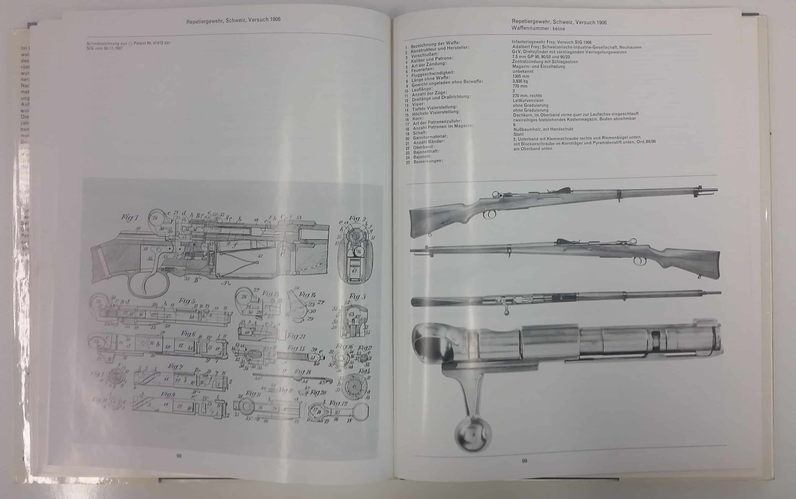 Links eine Schnittzeichnung des Patentes vom Infanteriegewehr Frey, Versuch SIG 1906. Rechts das Gewehr selbst.