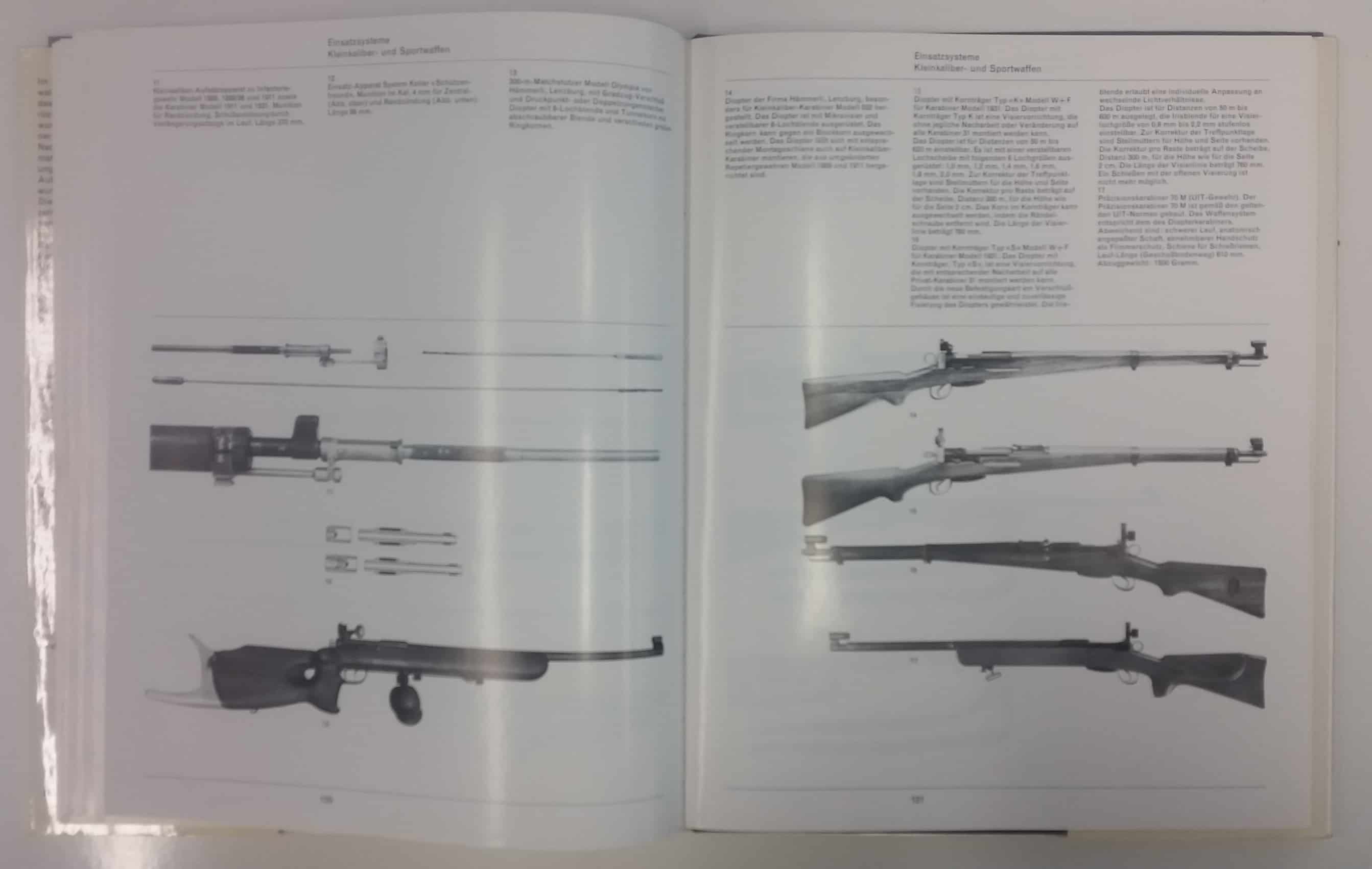 Links: Kleinkaliber-Aufsatzapparat zu Infanteriegewehr Modell 1889, 1889/96 und 1911 sowie Karabiner 11 und 31 - Einsatz-Apparat System Koller - 300m Matchstutzer Modell Olympia von Hämmerli. Rechts: Diopter von Hämmerli, W+F und der Präzisionskarabiner 70 M.