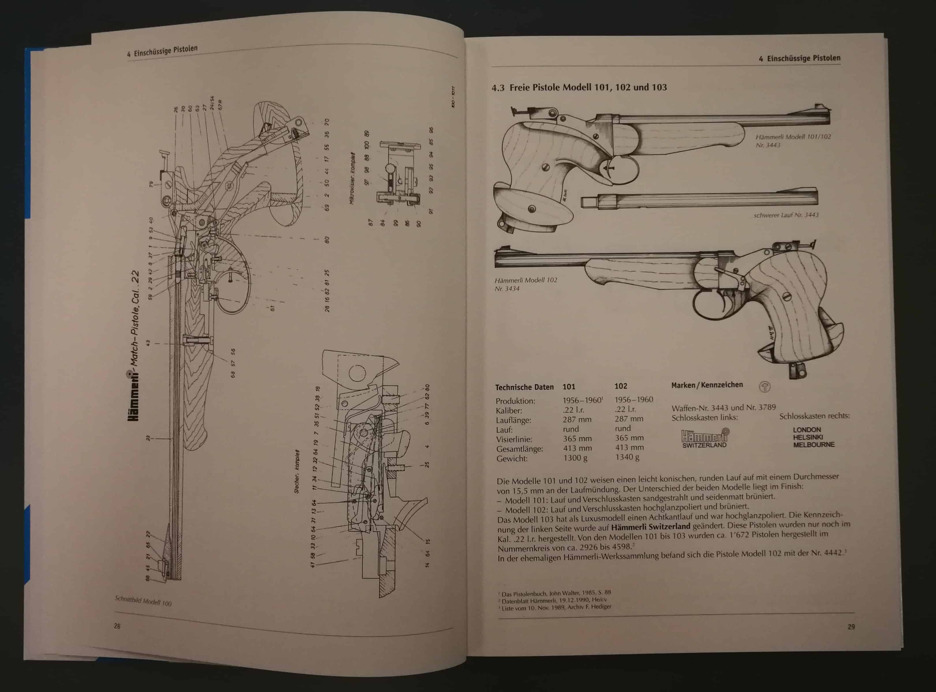Links Schnittbild der Freien Pistole Modell 100, rechts die Freie Pistole Modell 101, 102 und 103.