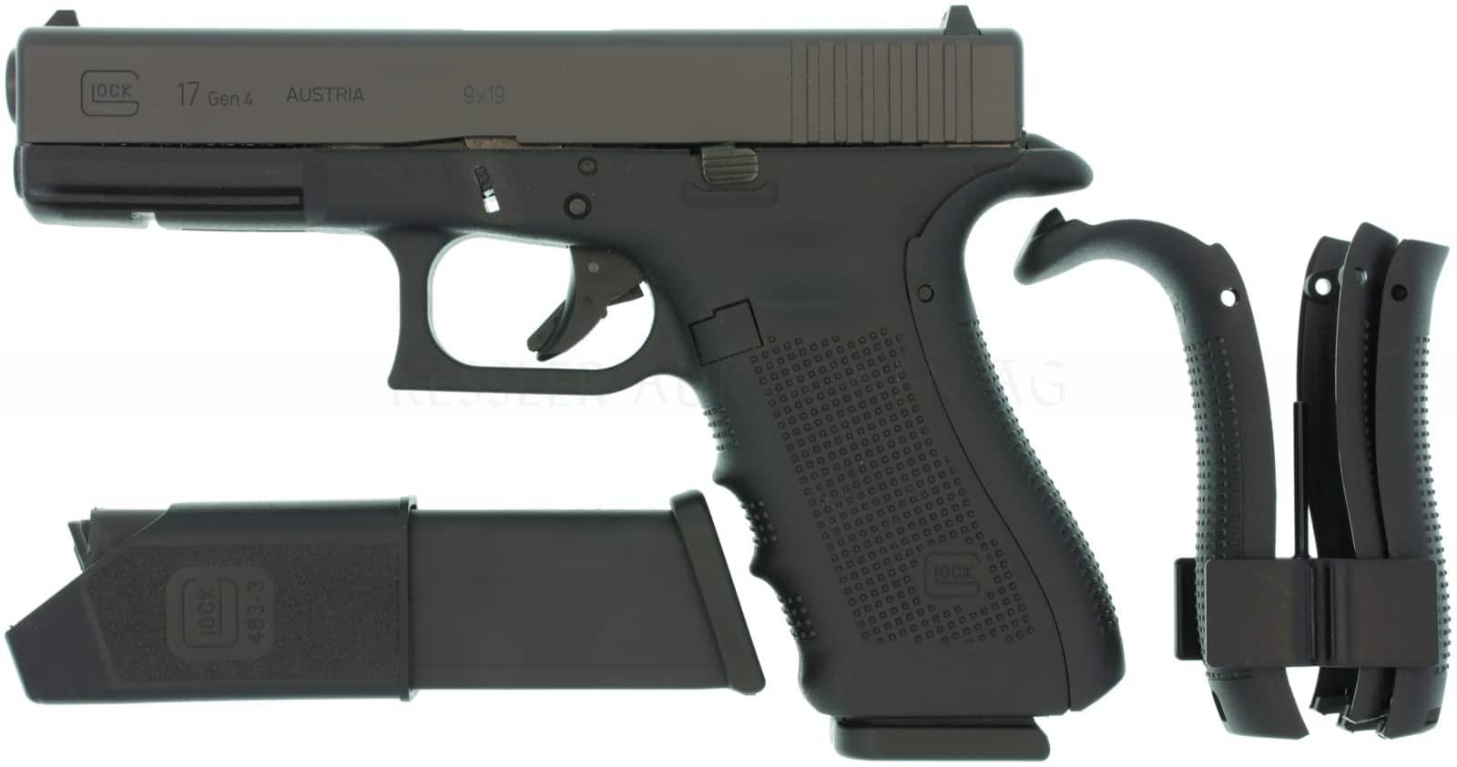 <strong>Pistolen</strong>
Diese Glock 17 Generation 4 mit dem originalen 17-Schuss-Magazin darf mittels WES erworben werden. Allerdings darf sie dann nicht nachträglich mit grossen Magazinen ausgerüstet werden.