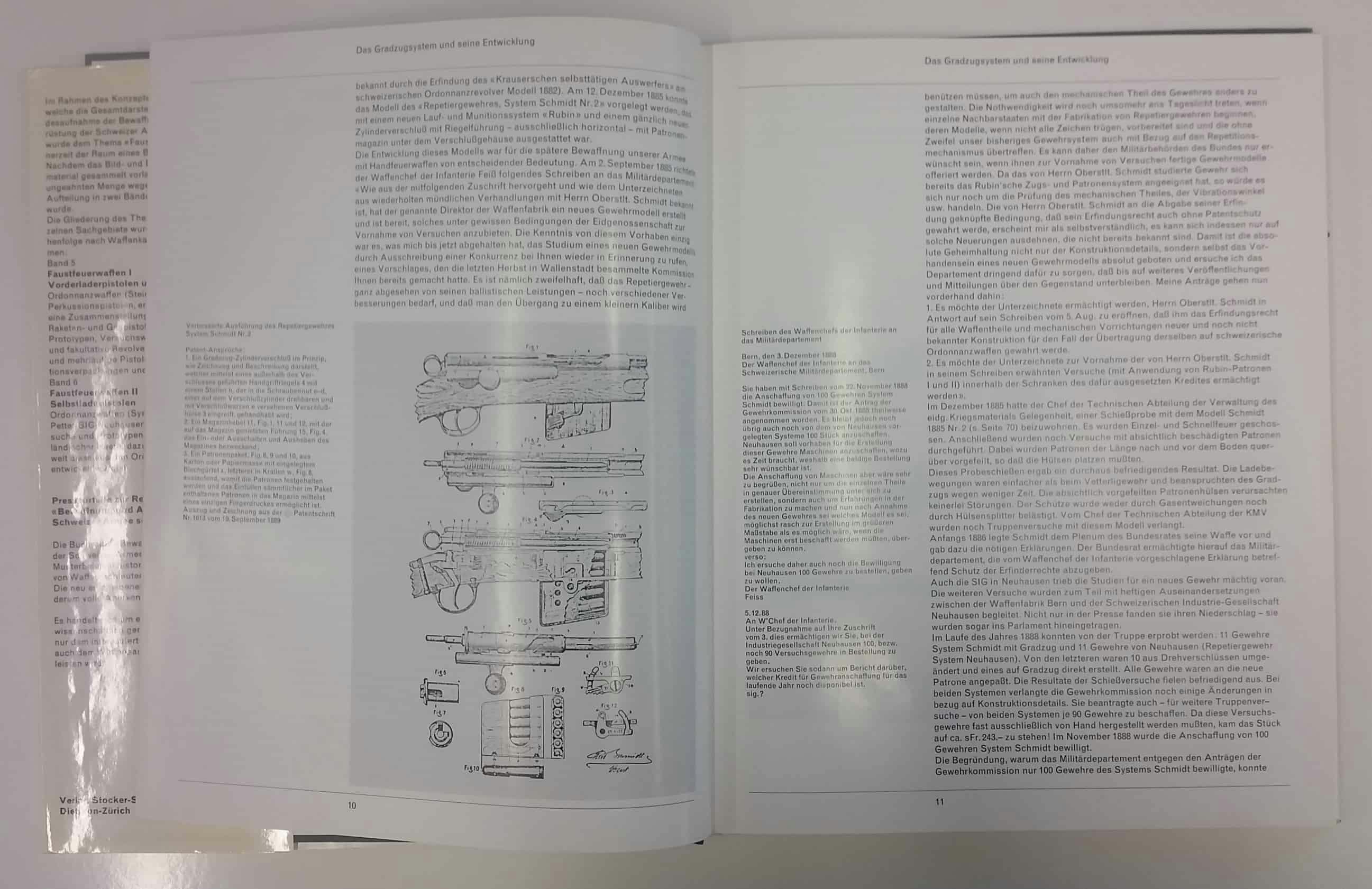 Viel Text zur Entwicklung der Gradzug-Systeme. Links Auszüge des Patenantrags des Repetiergewehrs System Schmidt Nr. 2.