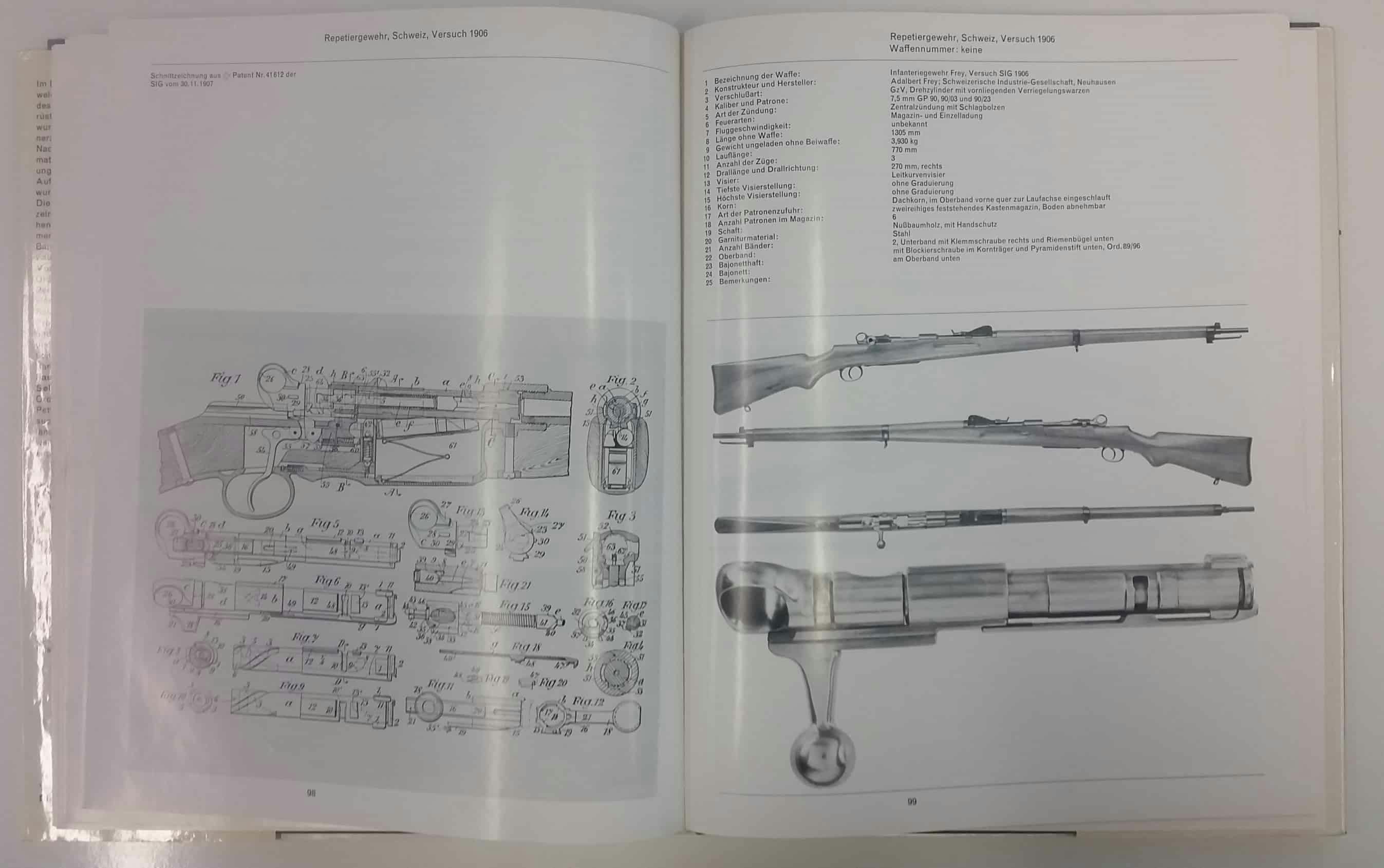 Links eine Schnittzeichnung des Patentes vom Infanteriegewehr Frey, Versuch SIG 1906. Rechts das Gewehr selbst.