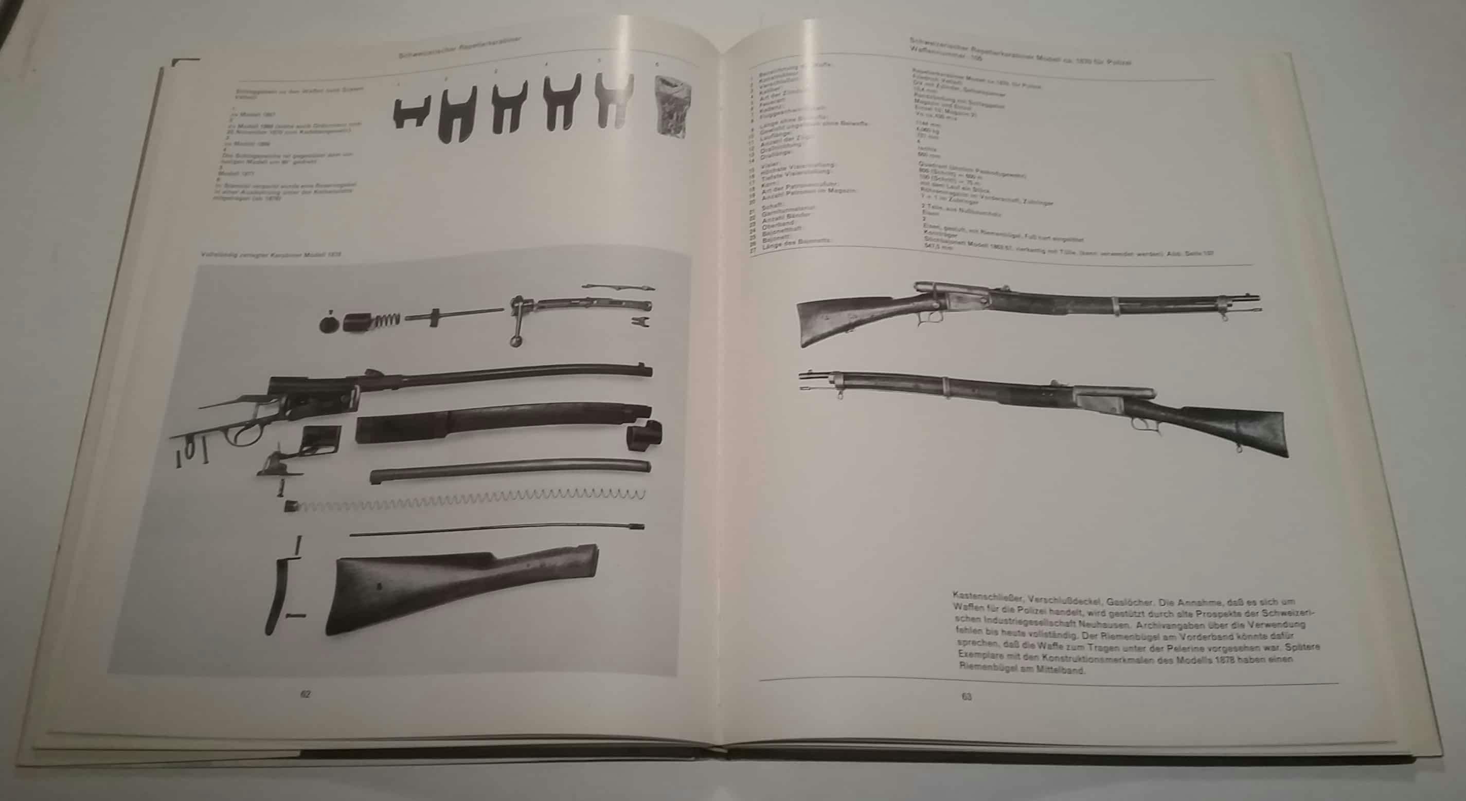 Linkerhand Schlaggabeln zu verschiedenen Waffen, unten ein zerlegter Karabiner Modell 1878. Rechterhand der Schweizerische Repetierkarabiner ca. 1870 für Polizei.