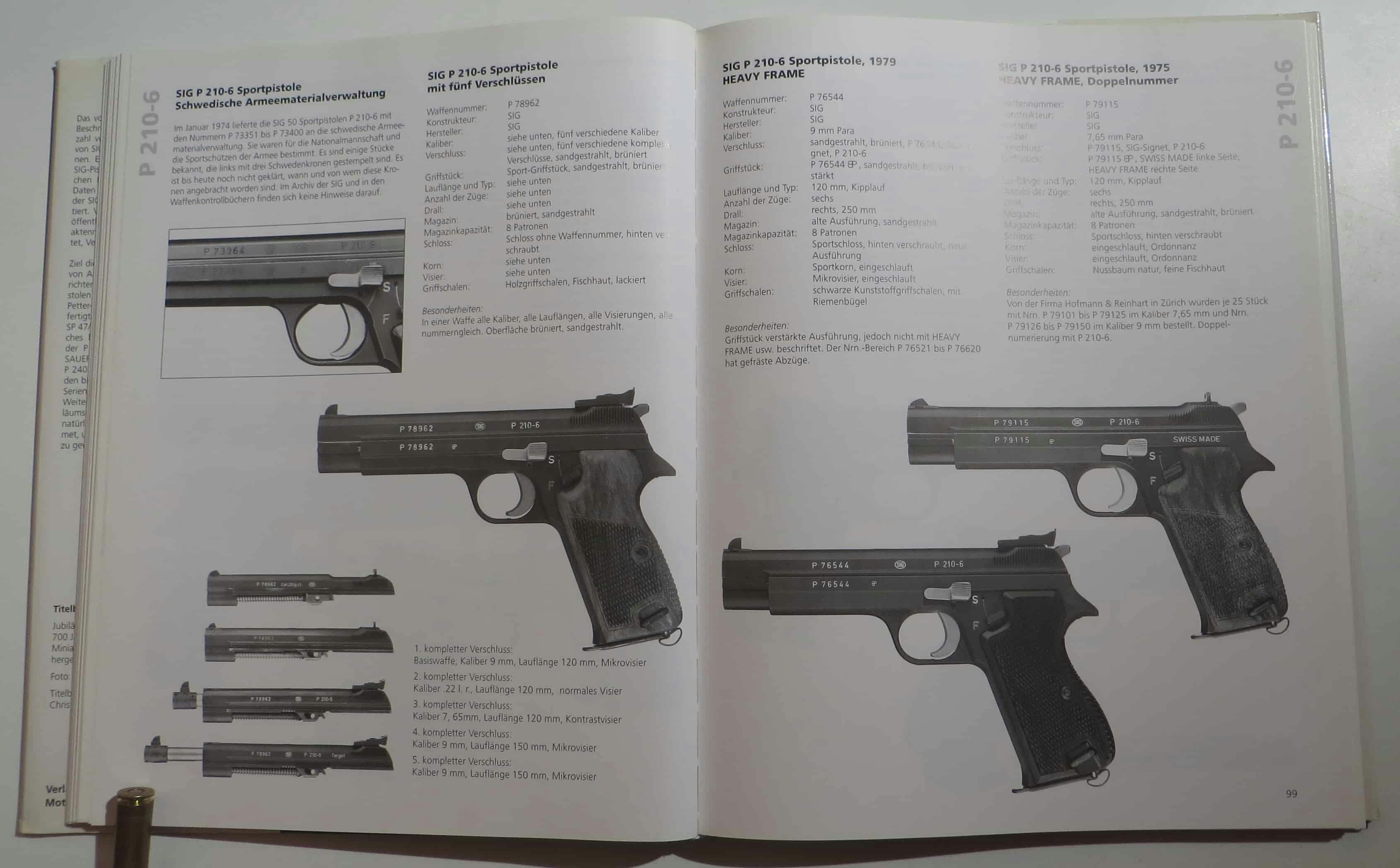 SIG P210-6 Sportpistolenvarianten mit den unterschiedlichen Verschlüssen.