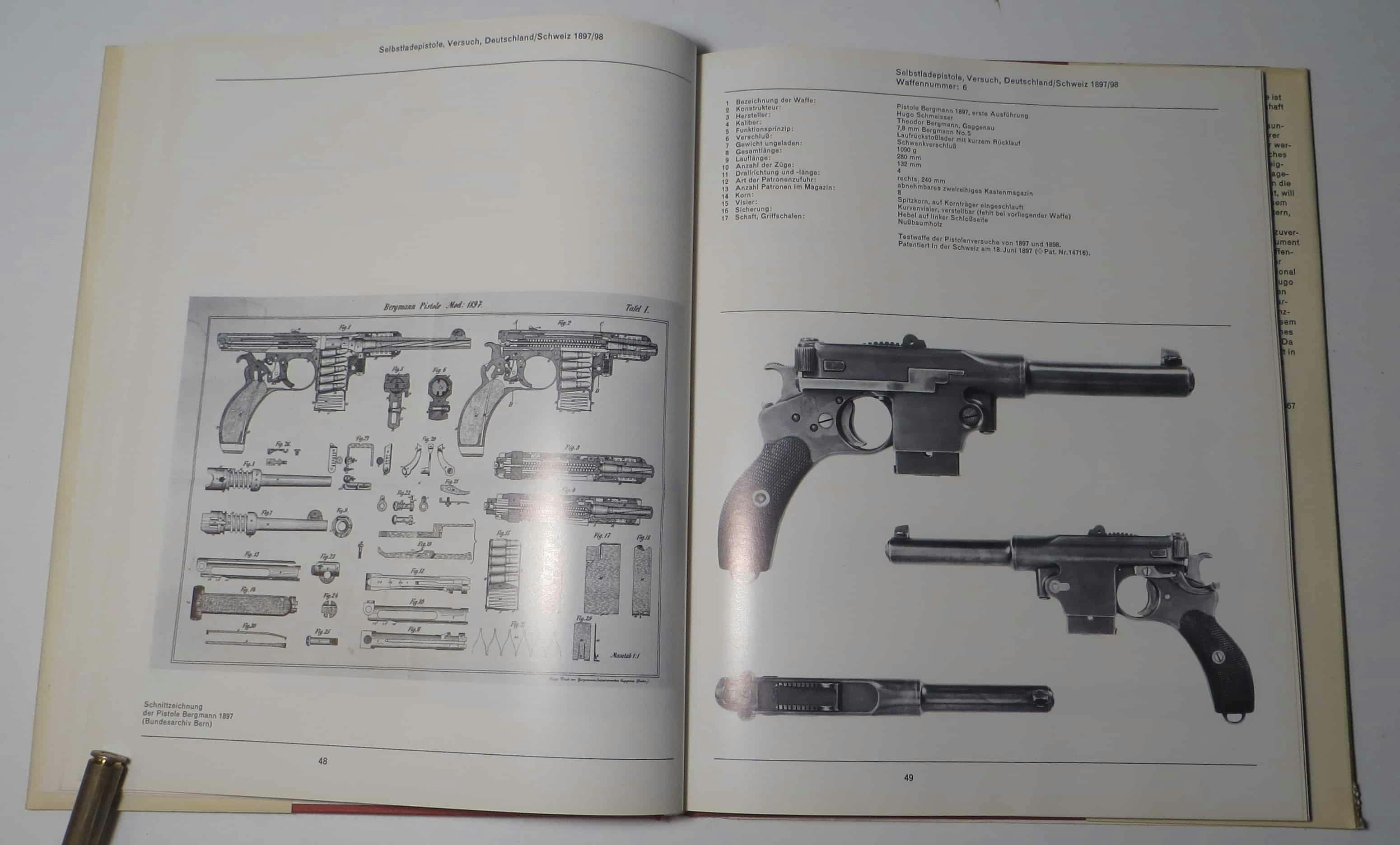 Eine etwas fortschrittliche Bergmann-Pistole. Links davon die Schnittzeichnung mit Funktionsprinzip. Die Konstrukteure damals waren echte Meister ihres Fachs.