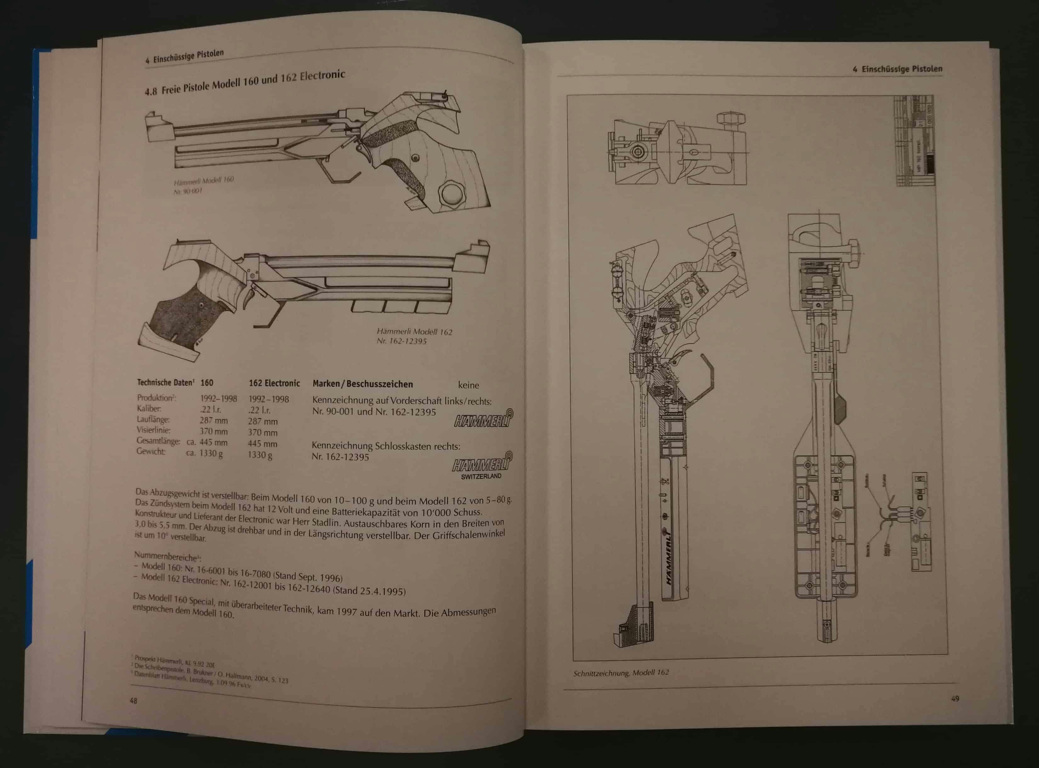 Links die Freie Pistole 160 und 162 mit elektronischem Zündsystem, rechts davon die Schnittzeichnung.