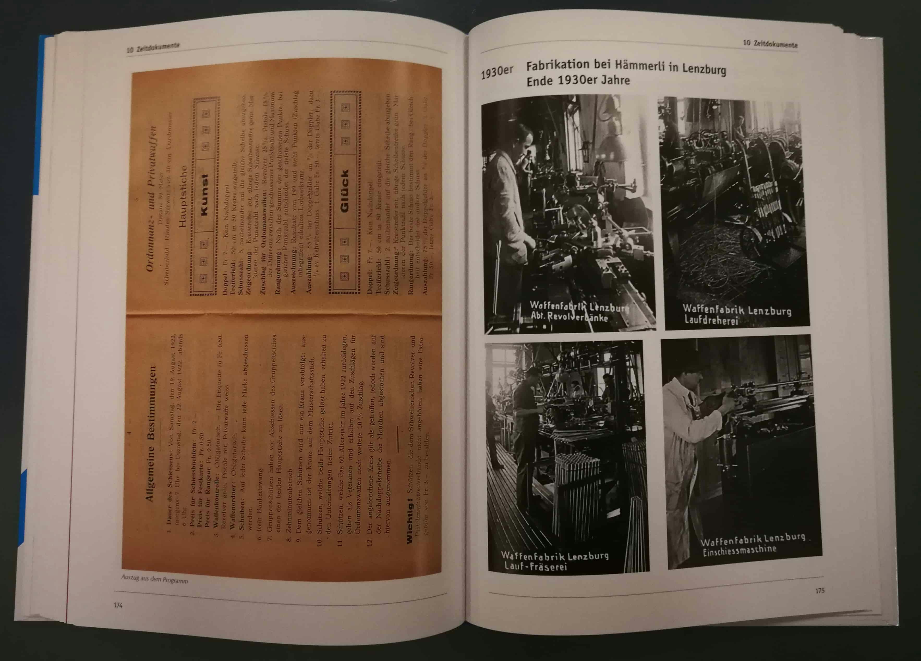 Links Stichprogramm vom Emmenthaler Revolver- und Pistolenschiessen in Biglen von 1922. Rechts Ausschnitte der Fabrikationsschritte.