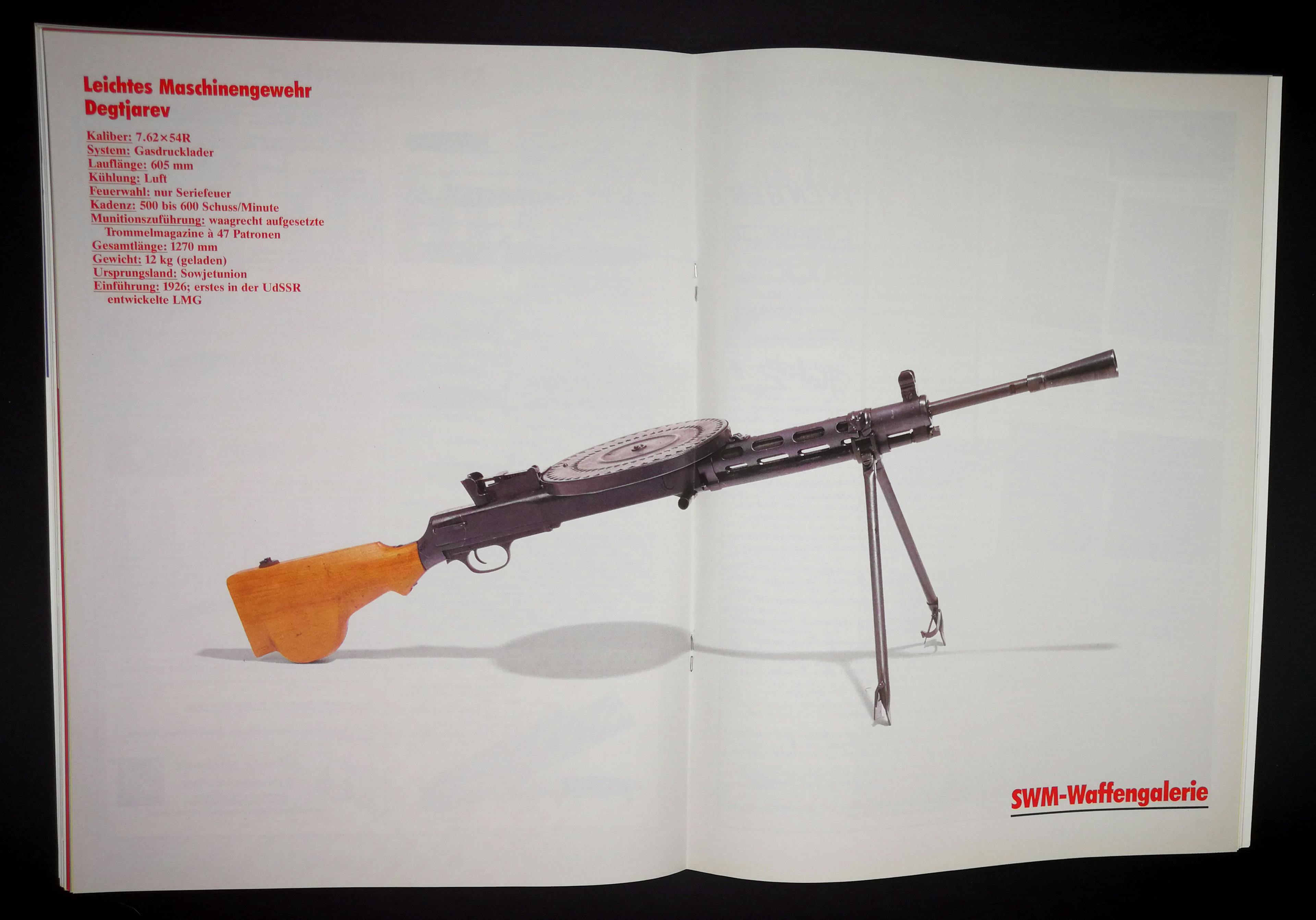 Das diesmonatige Centerfold stellt das "Gewehr mit dem Tellermagazin", das Sovjetischen Degtjarev LMG ins Rampenlicht.

