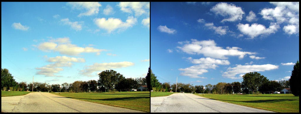 Ein Vergleich: Links eine normale Szene, rechts dieselbe Szene mit Polarisationsfilter. Man beachte das kontrastreichere Blau und das sattere Grün.