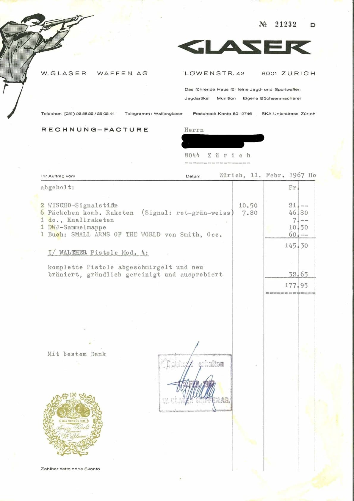 W.Glaser Waffen AG: Rechnung von 1967